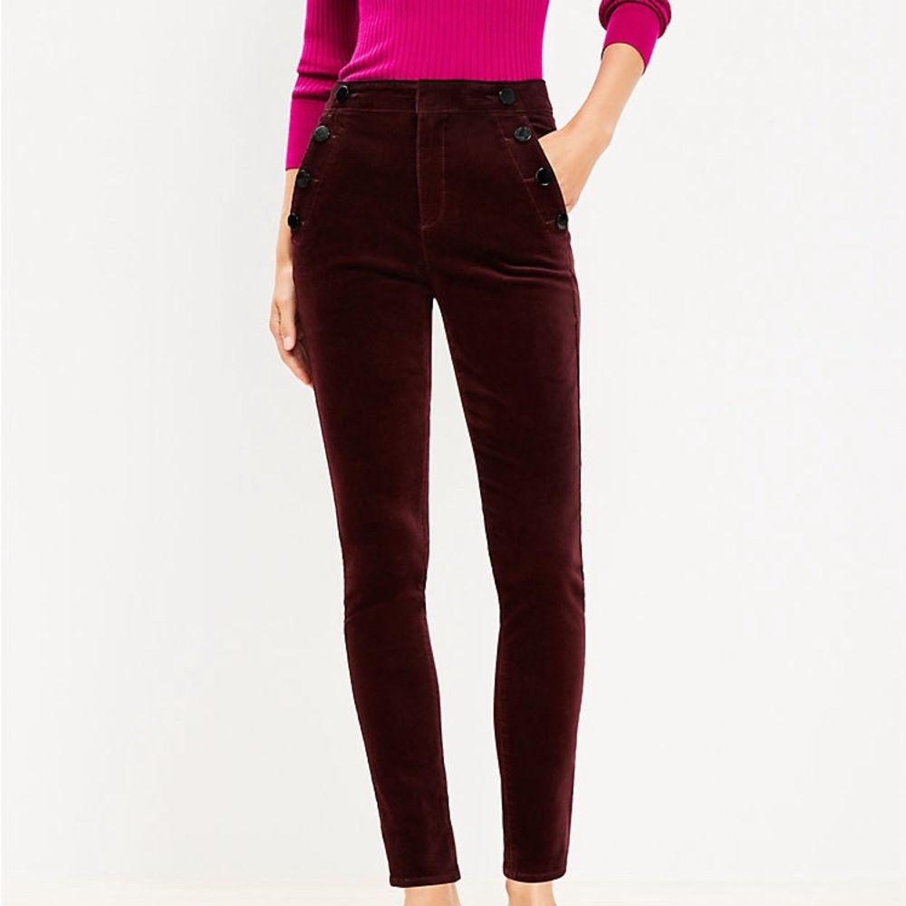 LOFT Maroon Red Velvet Button Detail Modern Skinny Jeans